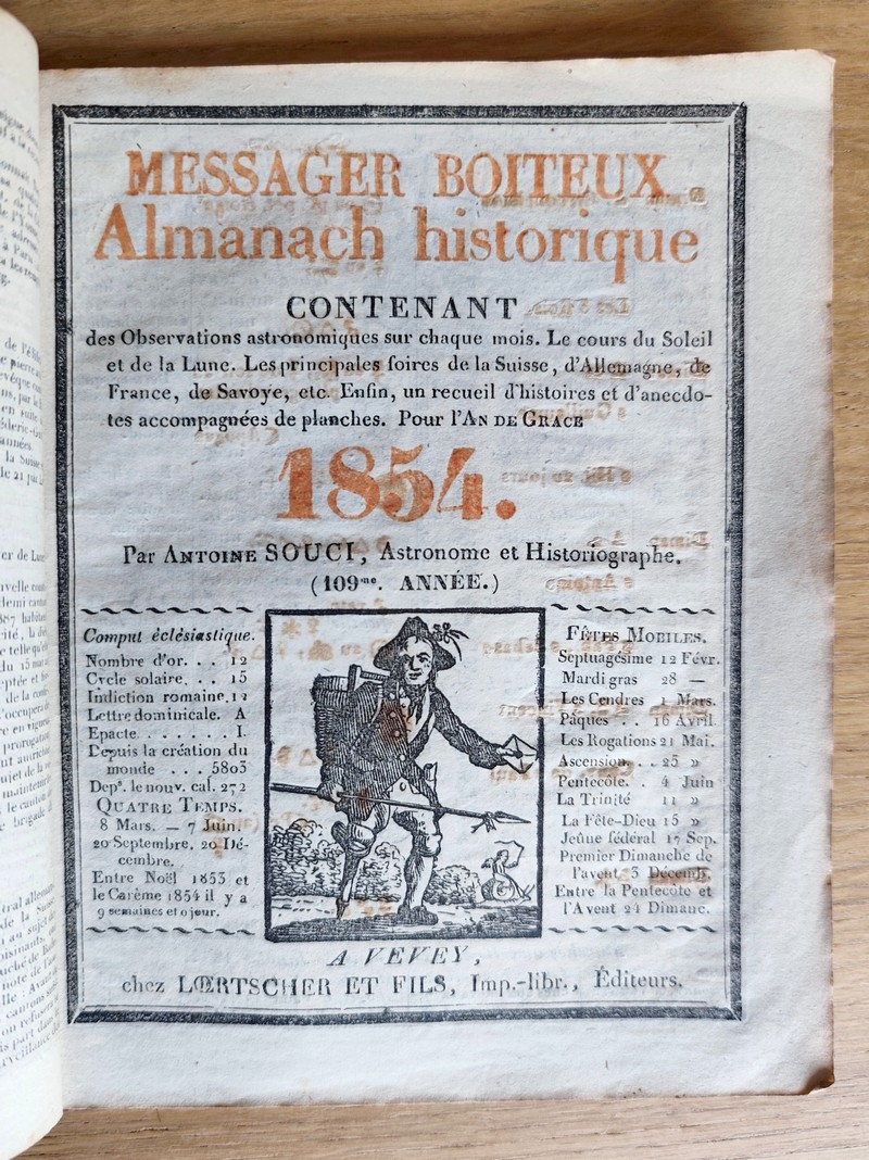 Le Véritable Messager Boiteux de Berne et Vevey, pour l'An de grâce 1854. Almanach historique....