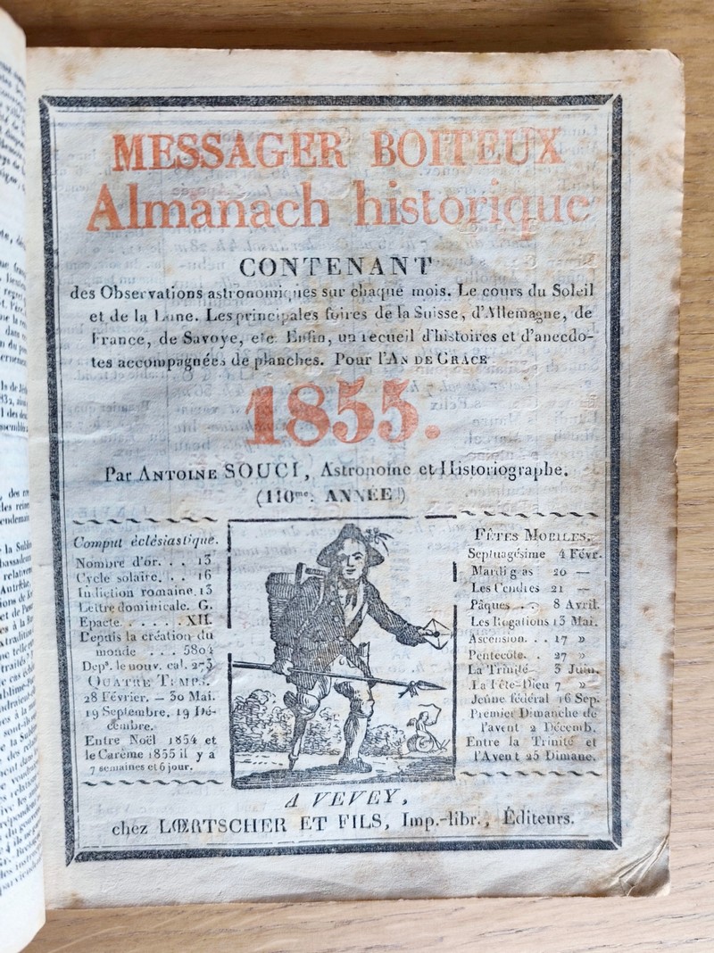 Le Véritable Messager Boiteux de Berne et Vevey, pour l'An de grâce 1855. Almanach historique. 110e année