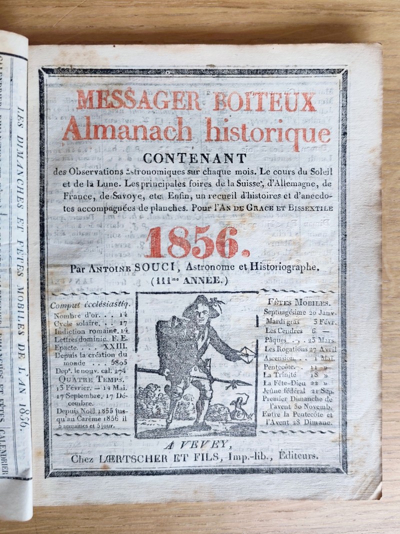 Le Véritable Messager Boiteux de Berne et Vevey, pour l'An de grâce 1856. Almanach historique. 111e année