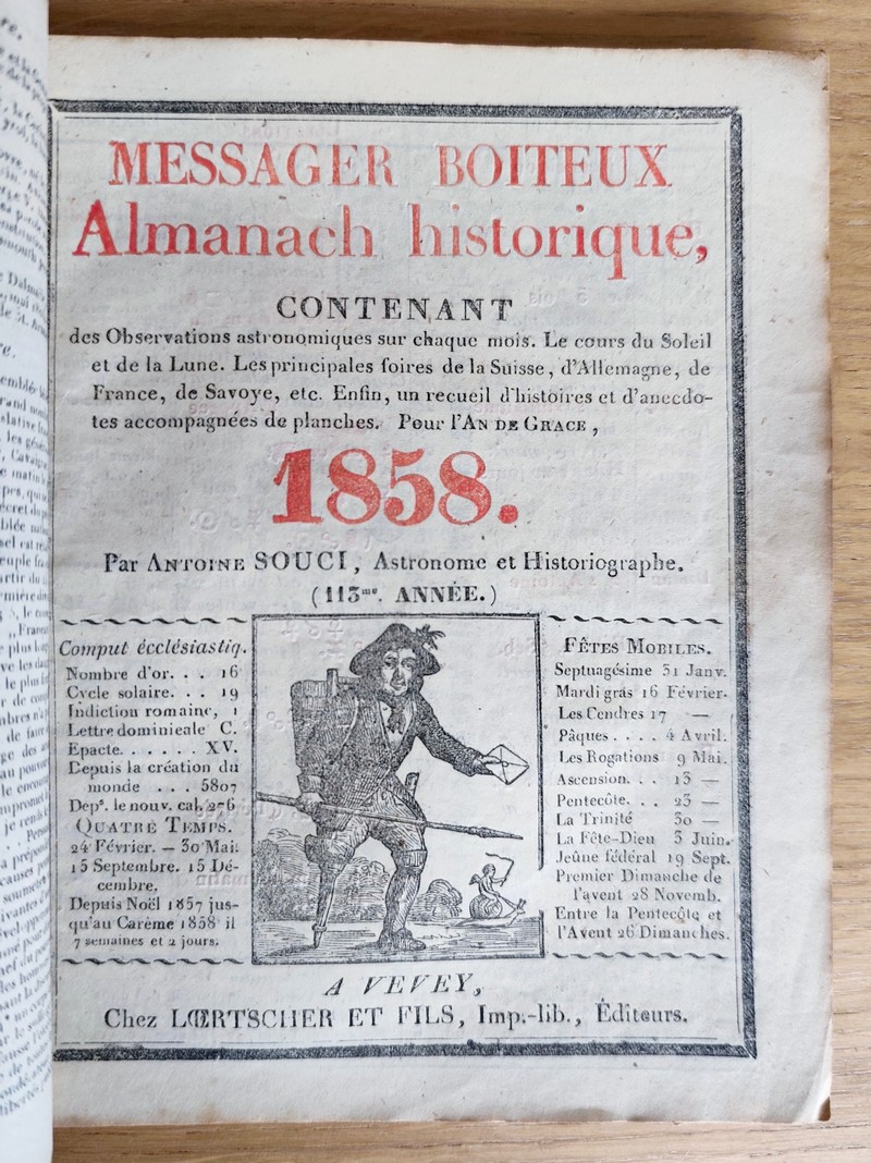 Le Véritable Messager Boiteux de Berne et Vevey, pour l'An de grâce 1858. Almanach historique. 113e année