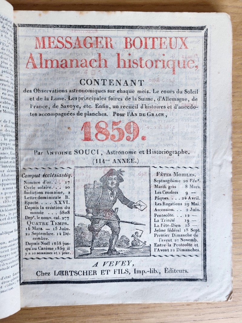 Le Véritable Messager Boiteux de Berne et Vevey, pour l'An de grâce 1859. Almanach historique....