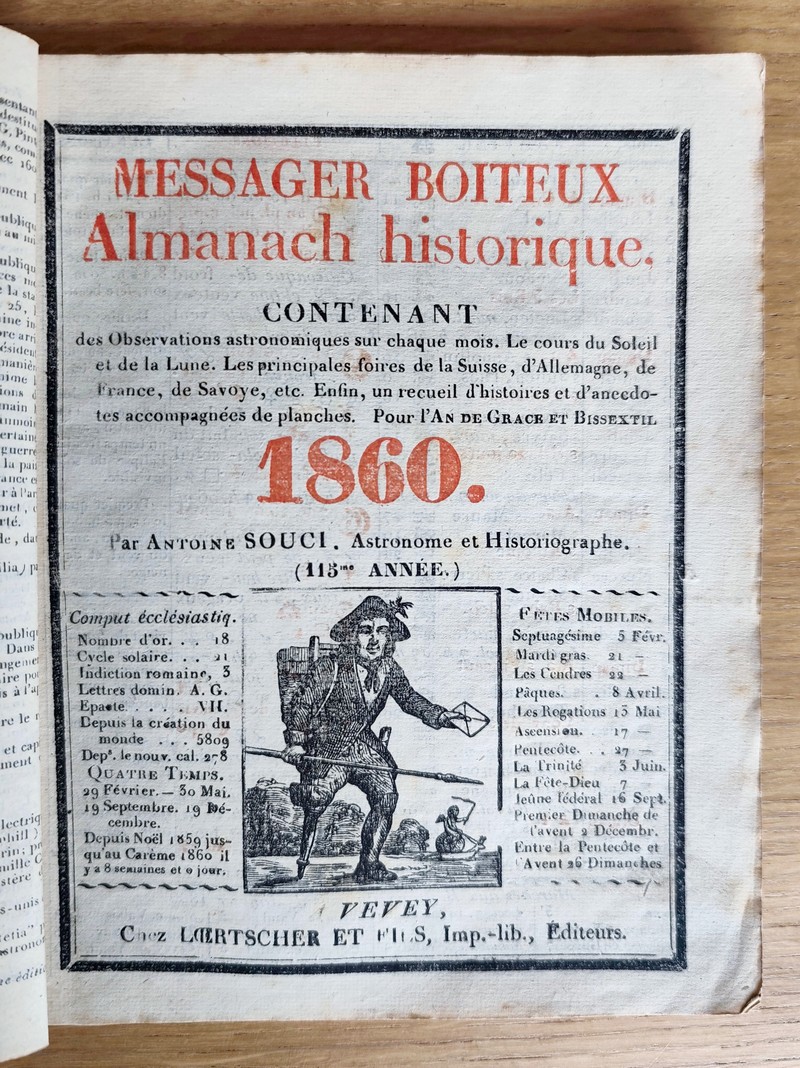 Le Véritable Messager Boiteux de Berne et Vevey, pour l'An de grâce 1860. Almanach historique. 115e année