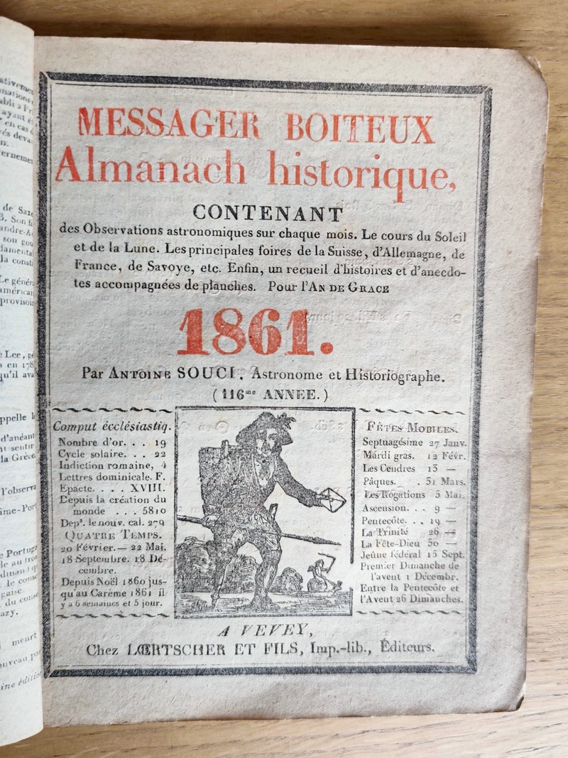 Le Véritable Messager Boiteux de Berne et Vevey, pour l'An de grâce 1861. Almanach historique. 116e année