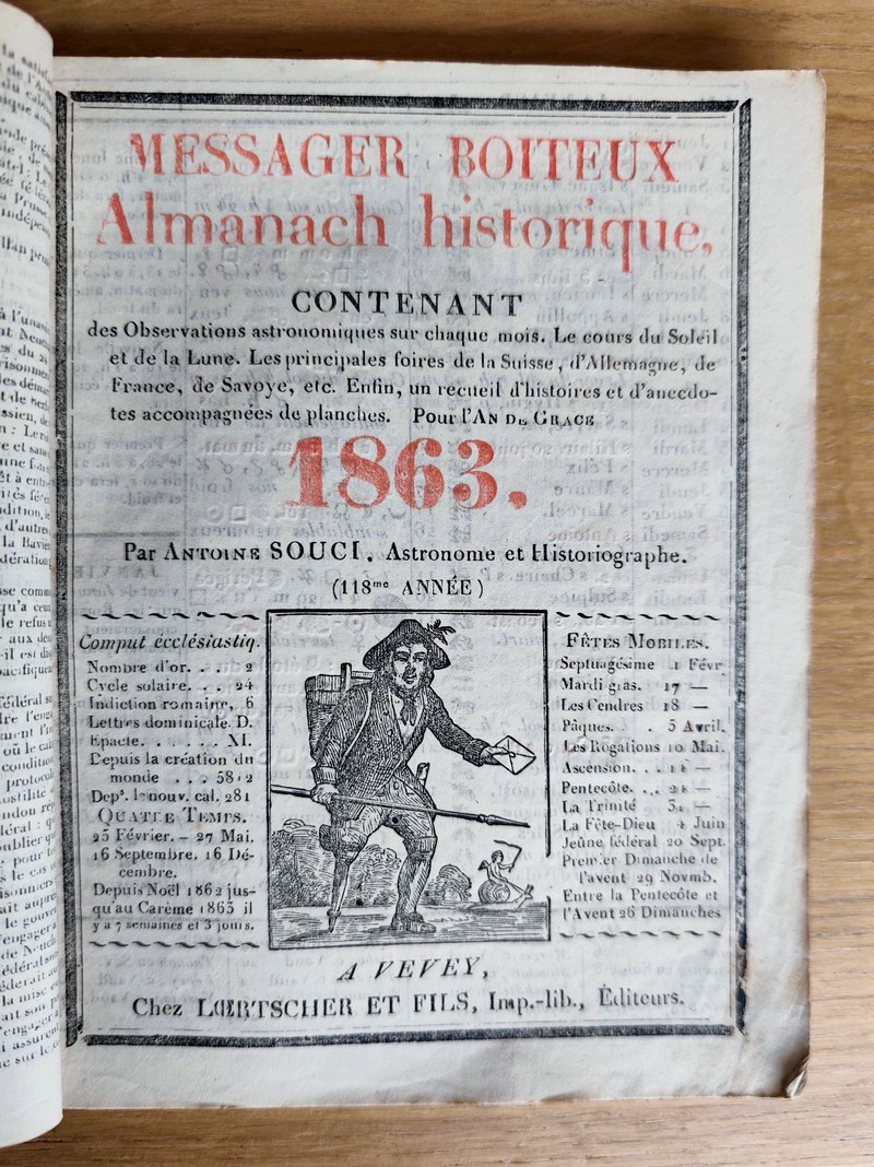 Le Véritable Messager Boiteux de Berne et Vevey, pour l'An de grâce 1863. Almanach historique. 118e année