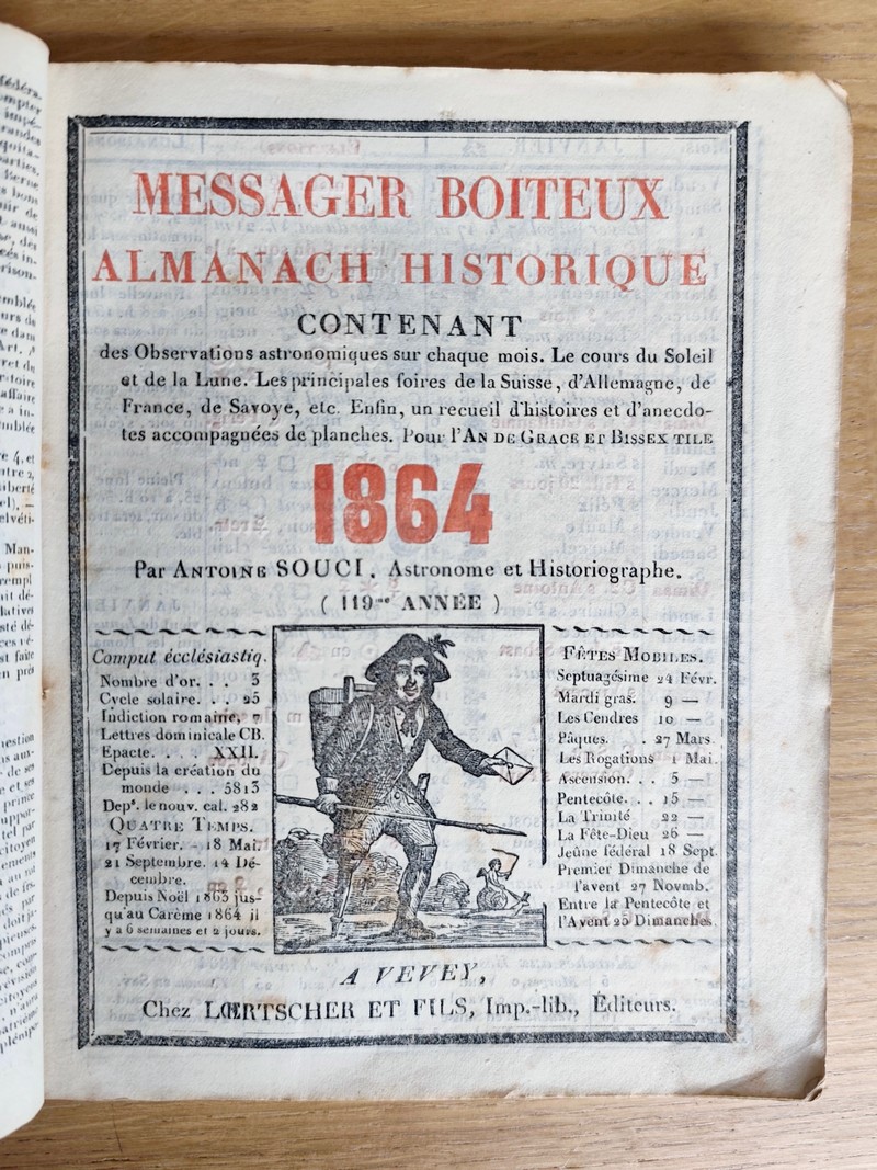 Le Véritable Messager Boiteux de Berne et Vevey, pour l'An de grâce 1864. Almanach historique. 119e année