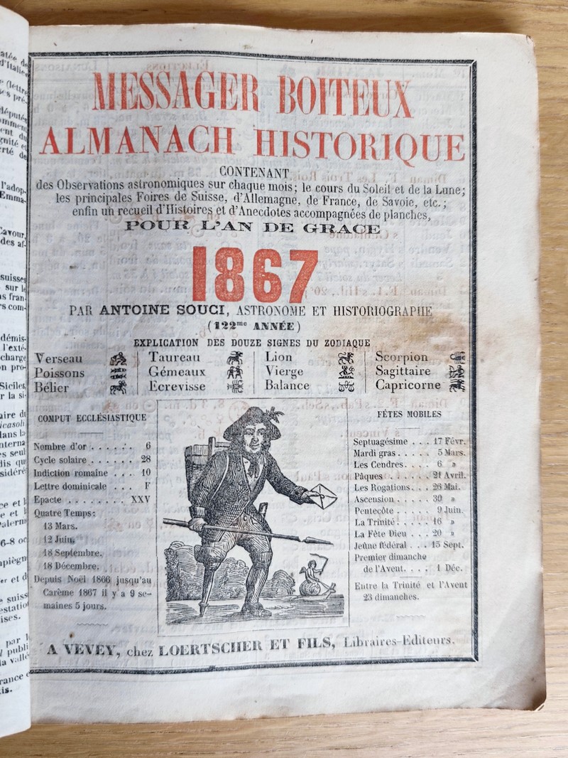 Le Véritable Messager Boiteux de Berne et Vevey, pour l'An de grâce 1867. Almanach historique. 122e année