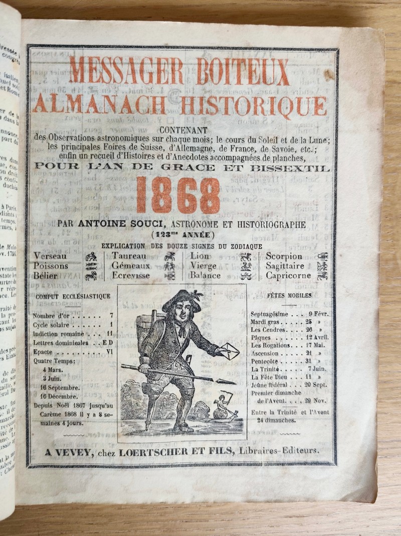 Le Véritable Messager Boiteux de Berne et Vevey, pour l'An de grâce 1868. Almanach historique. 123e année