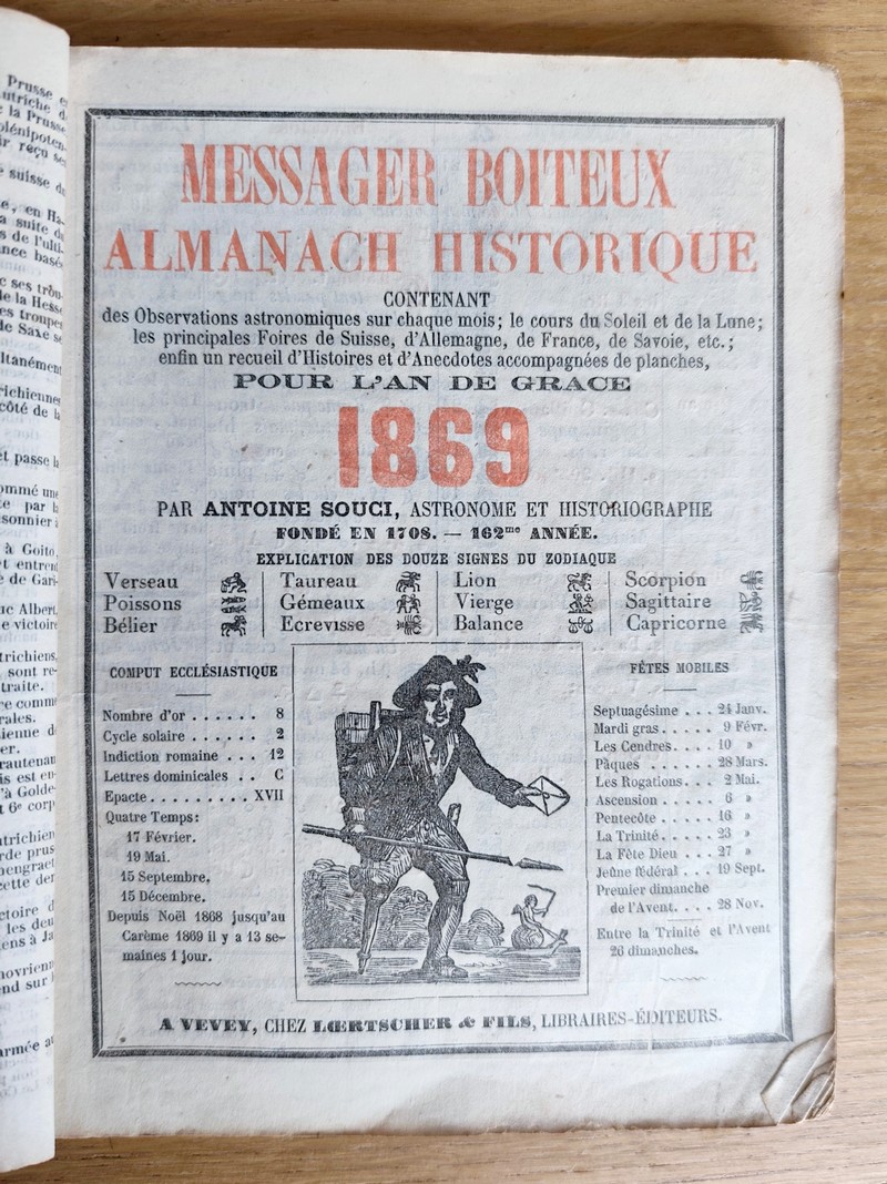 Le Véritable Messager Boiteux de Berne et Vevey, pour l'An de grâce 1869. Almanach historique. 162e année