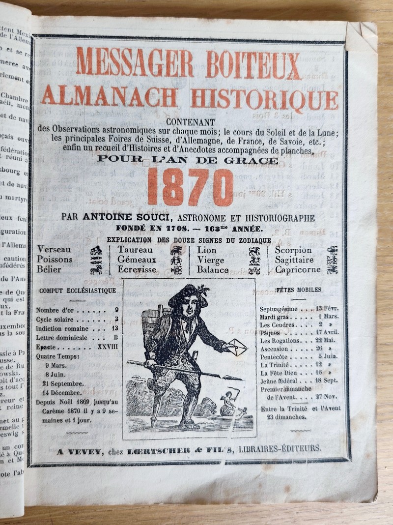 Le Véritable Messager Boiteux de Berne et Vevey, pour l'An de grâce 1870. Almanach historique. 163e année