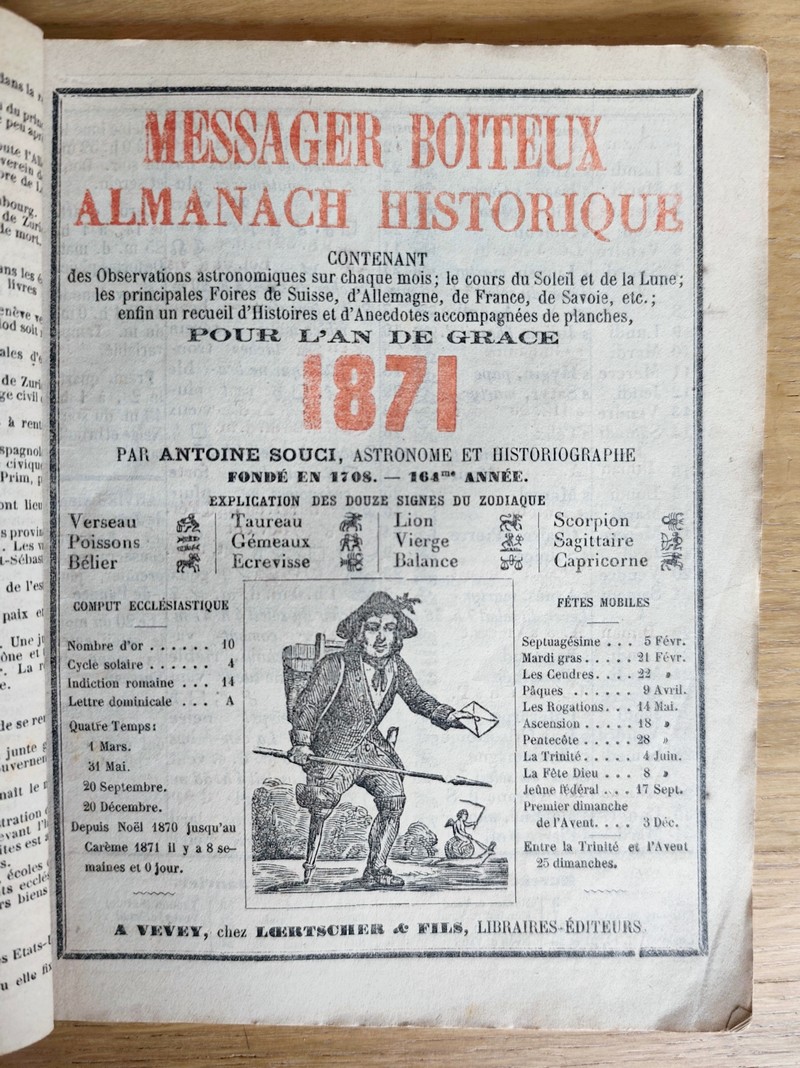 Le Véritable Messager Boiteux de Berne et Vevey, pour l'An de grâce 1871. Almanach historique. 164e année