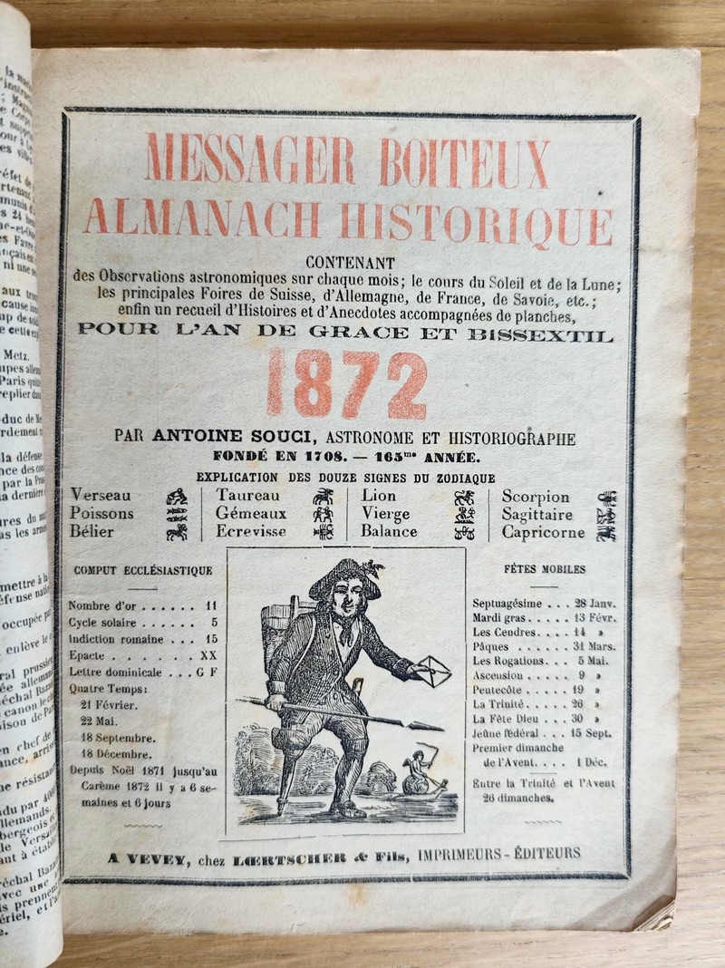 Le Véritable Messager Boiteux de Berne et Vevey, pour l'An de grâce 1872. Almanach historique. 165e année