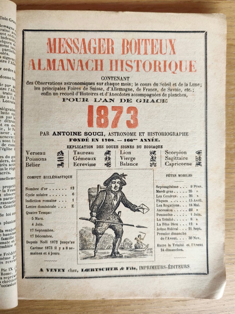 Le Véritable Messager Boiteux de Berne et Vevey, pour l'An de grâce 1873. Almanach historique. 166e année