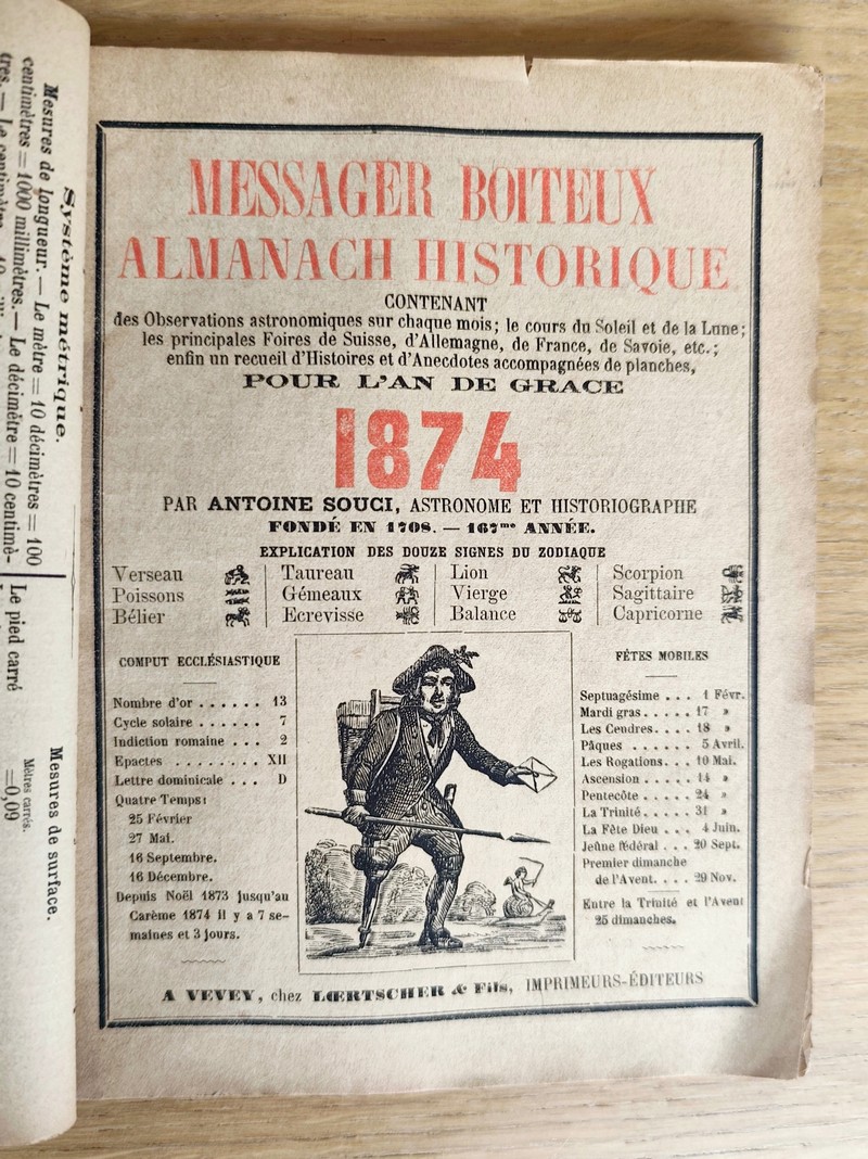 Le Véritable Messager Boiteux de Berne et Vevey, pour l'An de grâce 1874. Almanach historique. 167e année