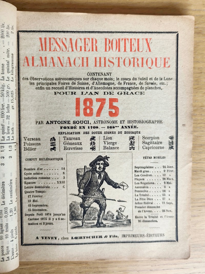 Le Véritable Messager Boiteux de Berne et Vevey, pour l'An de grâce 1875. Almanach historique. 168e année