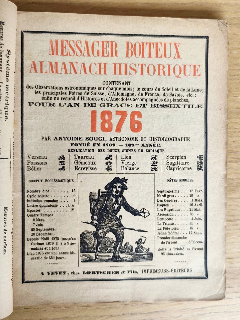 Le Véritable Messager Boiteux de Berne et Vevey, pour l'An de grâce 1876. Almanach historique. 169e année