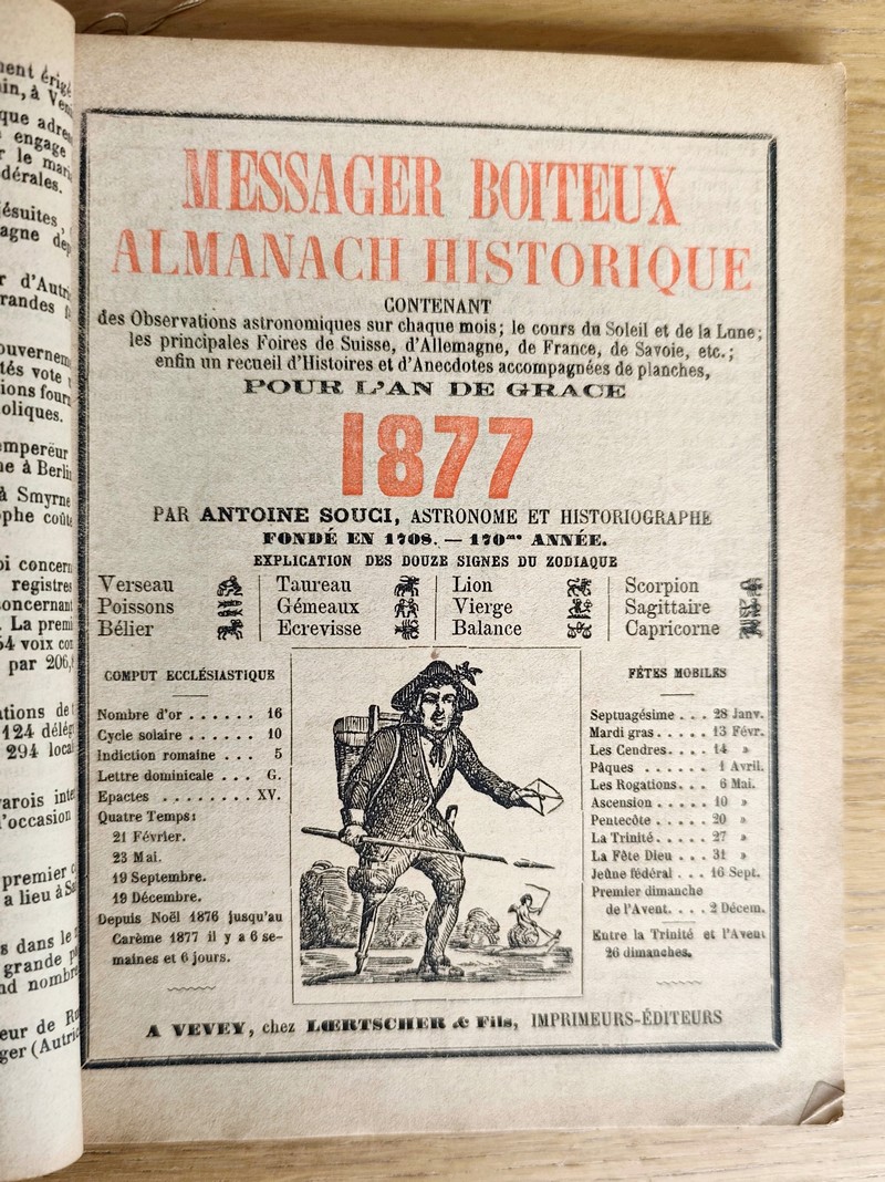Le Véritable Messager Boiteux de Berne et Vevey, pour l'An de grâce 1877. Almanach historique. 170e année