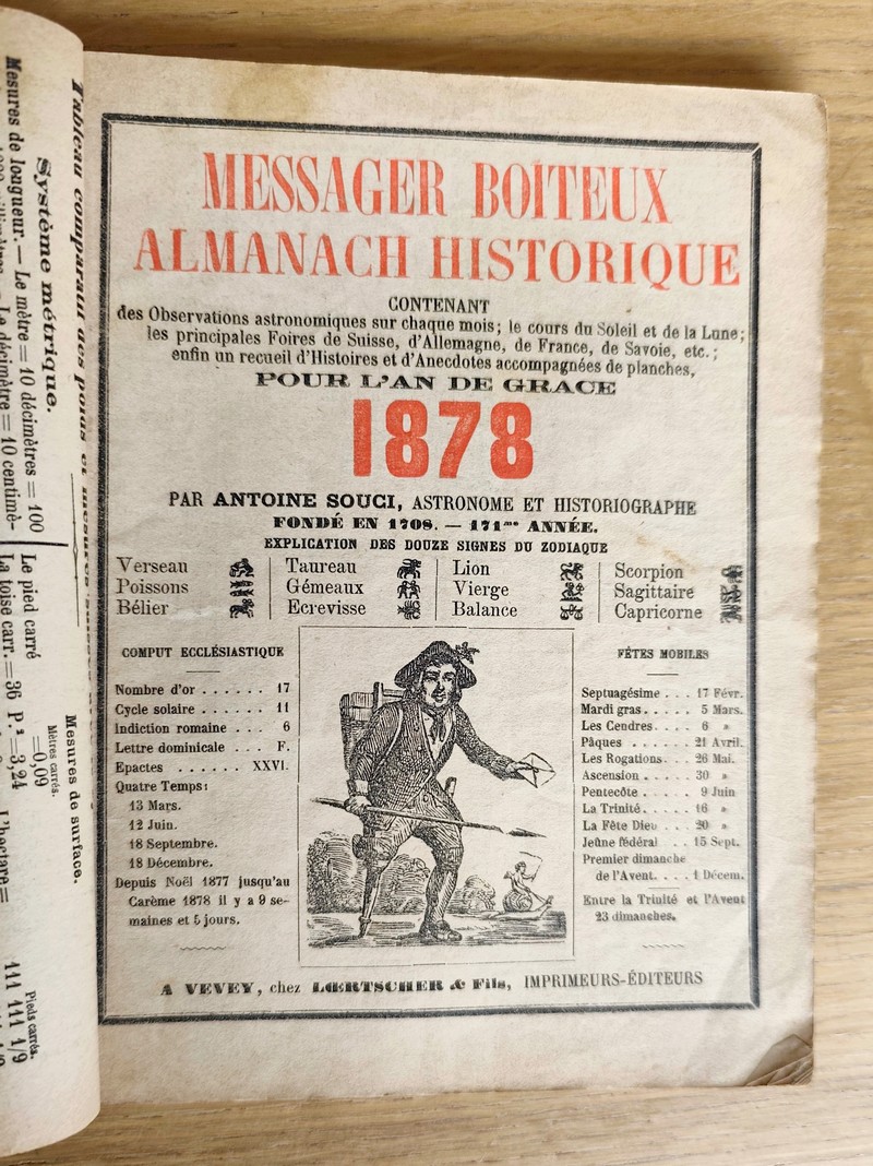 Le Véritable Messager Boiteux de Berne et Vevey, pour l'An de grâce 1878. Almanach historique. 171e année