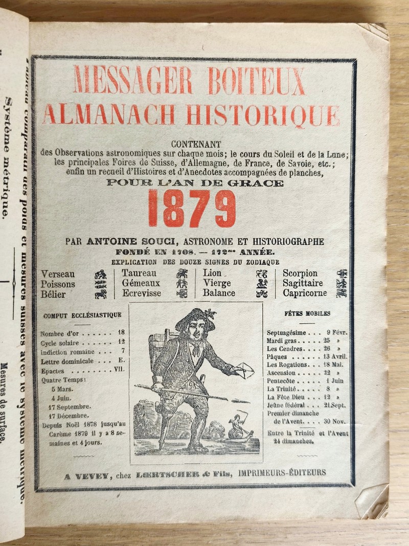 Le Véritable Messager Boiteux de Berne et Vevey, pour l'An de grâce 1879. Almanach historique. 172e année