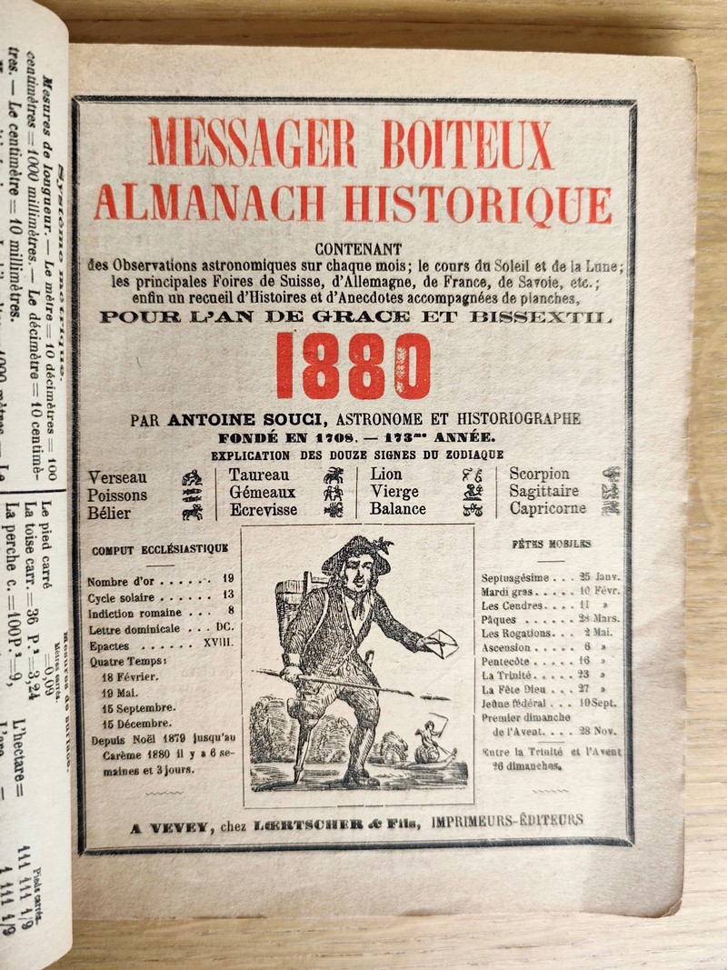 Le Véritable Messager Boiteux de Berne et Vevey, pour l'An de grâce 1880. Almanach historique....