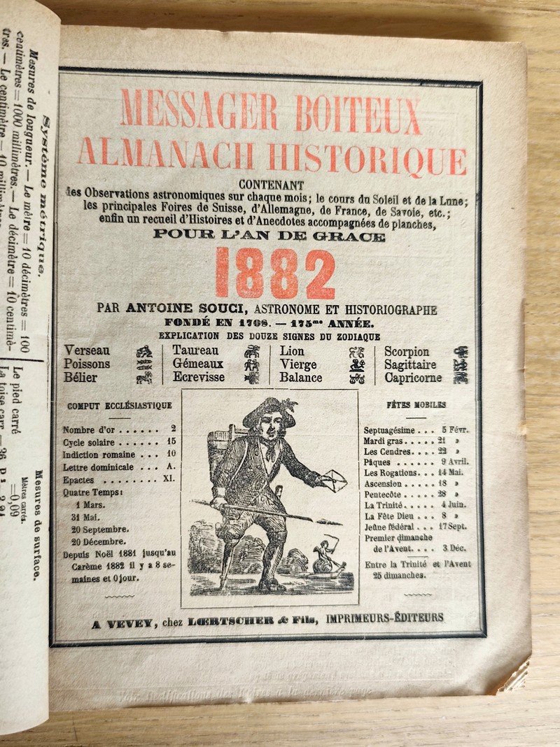 Le Véritable Messager Boiteux de Berne et Vevey, pour l'An de grâce 1882. Almanach historique. 175e année
