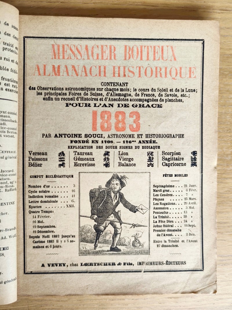 Le Véritable Messager Boiteux de Berne et Vevey, pour l'An de grâce 1883. Almanach historique. 176e année