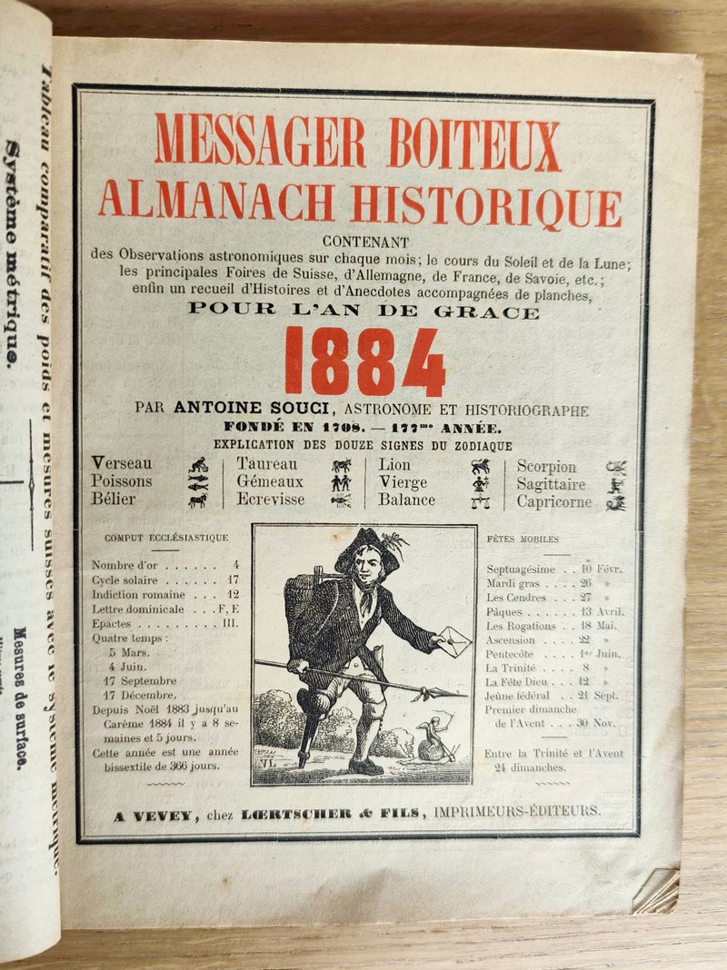 Le Véritable Messager Boiteux de Berne et Vevey, pour l'An de grâce 1884. Almanach historique. 177e année