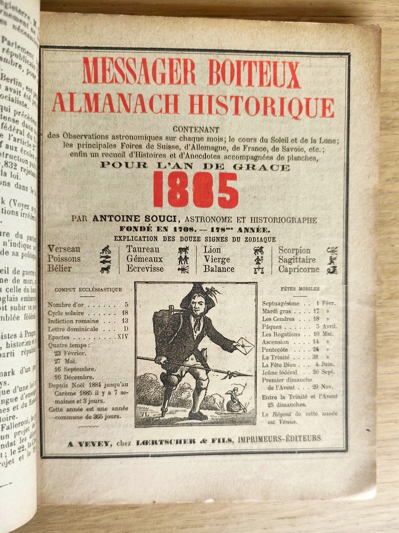 Le Véritable Messager Boiteux de Berne et Vevey, pour l'An de grâce 1885. Almanach historique. 178e année