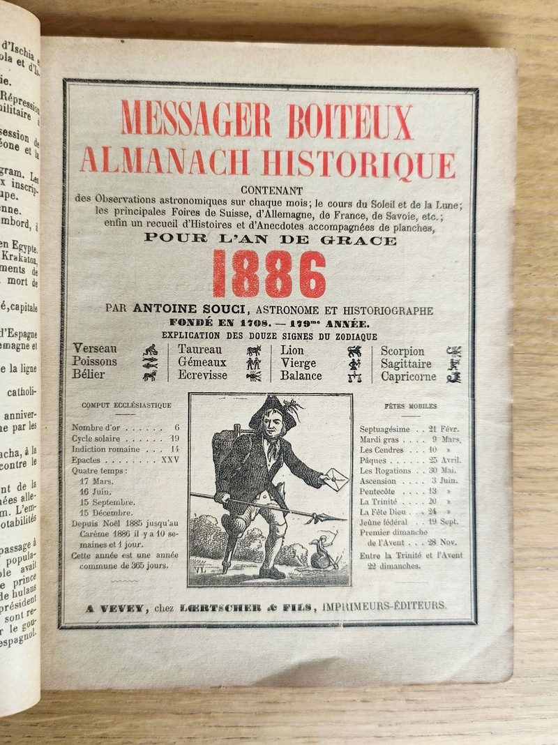 Le Véritable Messager Boiteux de Berne et Vevey, pour l'An de grâce 1886. Almanach historique....