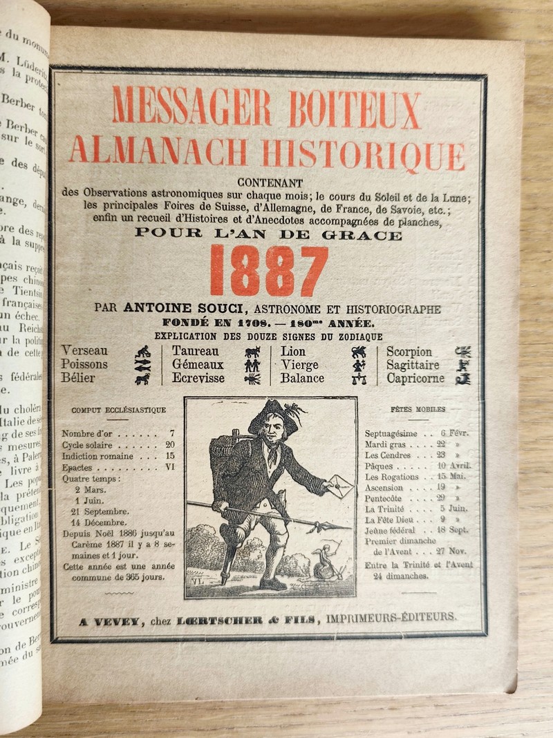 Le Véritable Messager Boiteux de Berne et Vevey, pour l'An de grâce 1887. Almanach historique. 180e année