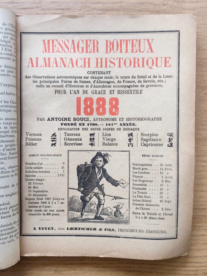 Le Véritable Messager Boiteux de Berne et Vevey, pour l'An de grâce 1888. Almanach historique. 181e année