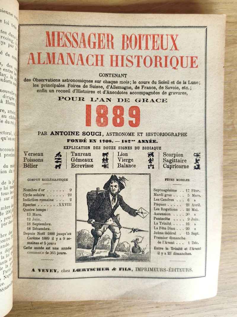 Le Véritable Messager Boiteux de Berne et Vevey, pour l'An de grâce 1889. Almanach historique. 182e année