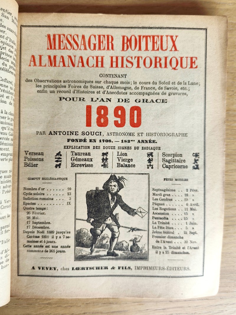 Le Véritable Messager Boiteux de Berne et Vevey, pour l'An de grâce 1890. Almanach historique. 183e année