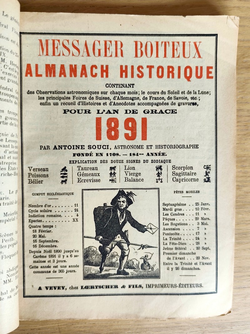 Le Véritable Messager Boiteux de Berne et Vevey, pour l'An de grâce 1891. Almanach historique. 184e année