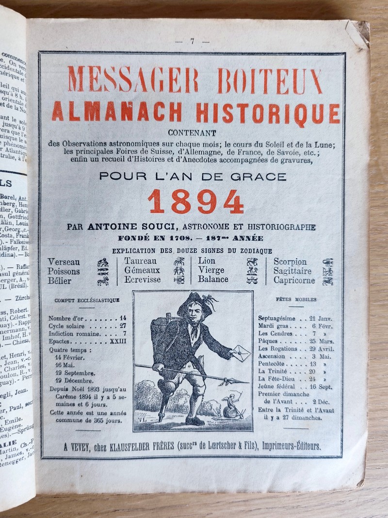 Le Véritable Messager Boiteux de Berne et Vevey, pour l'An de grâce 1894. Almanach historique....