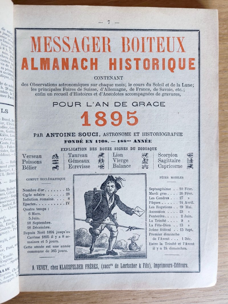 Le Véritable Messager Boiteux de Berne et Vevey, pour l'An de grâce 1895. Almanach historique. 188e année