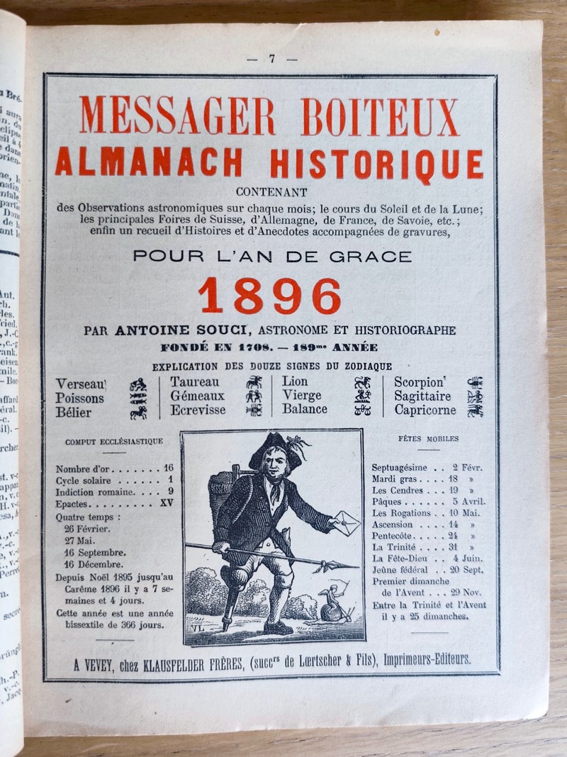 Le Véritable Messager Boiteux de Berne et Vevey, pour l'An de grâce 1896. Almanach historique. 189e année