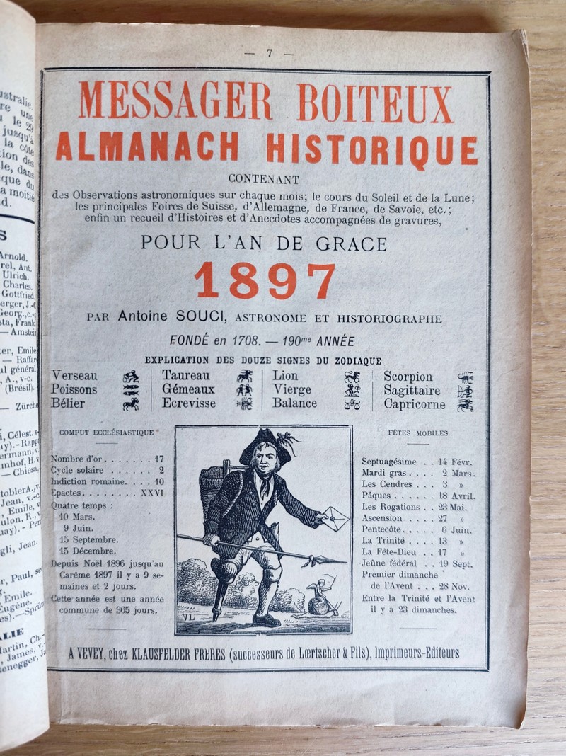 Le Véritable Messager Boiteux de Berne et Vevey, pour l'An de grâce 1897. Almanach historique....