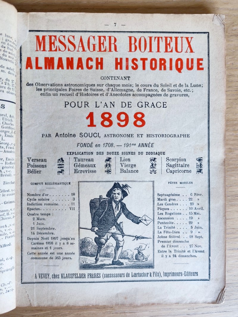 Le Véritable Messager Boiteux de Berne et Vevey, pour l'An de grâce 1898. Almanach historique. 191e année