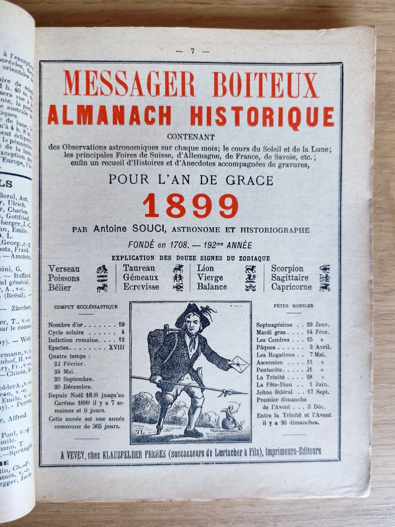 Le Véritable Messager Boiteux de Berne et Vevey, pour l'An de grâce 1899. Almanach historique. 192e année