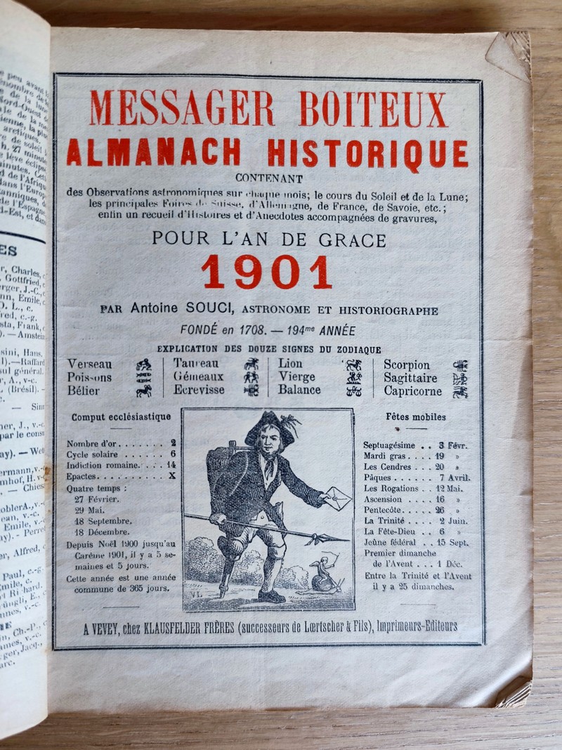 Le Véritable Messager Boiteux de Berne et Vevey, pour l'An de grâce 1901. Almanach historique....