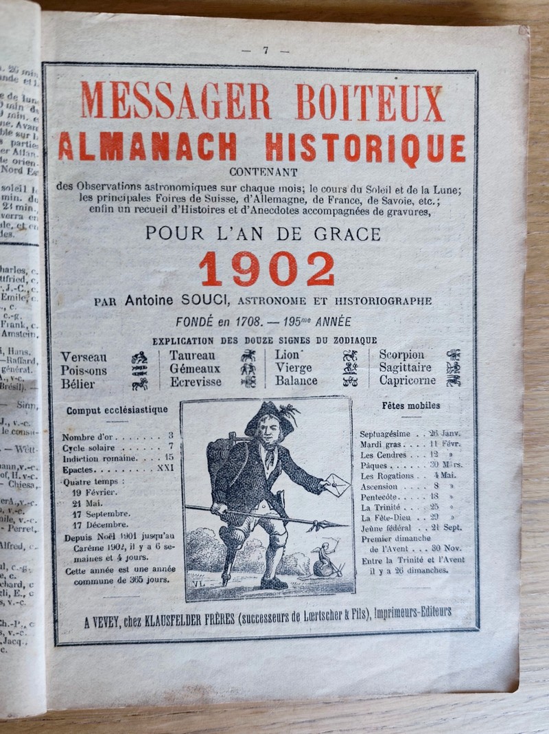 Le Véritable Messager Boiteux de Berne et Vevey, pour l'An de grâce 1902. Almanach historique. 195e année