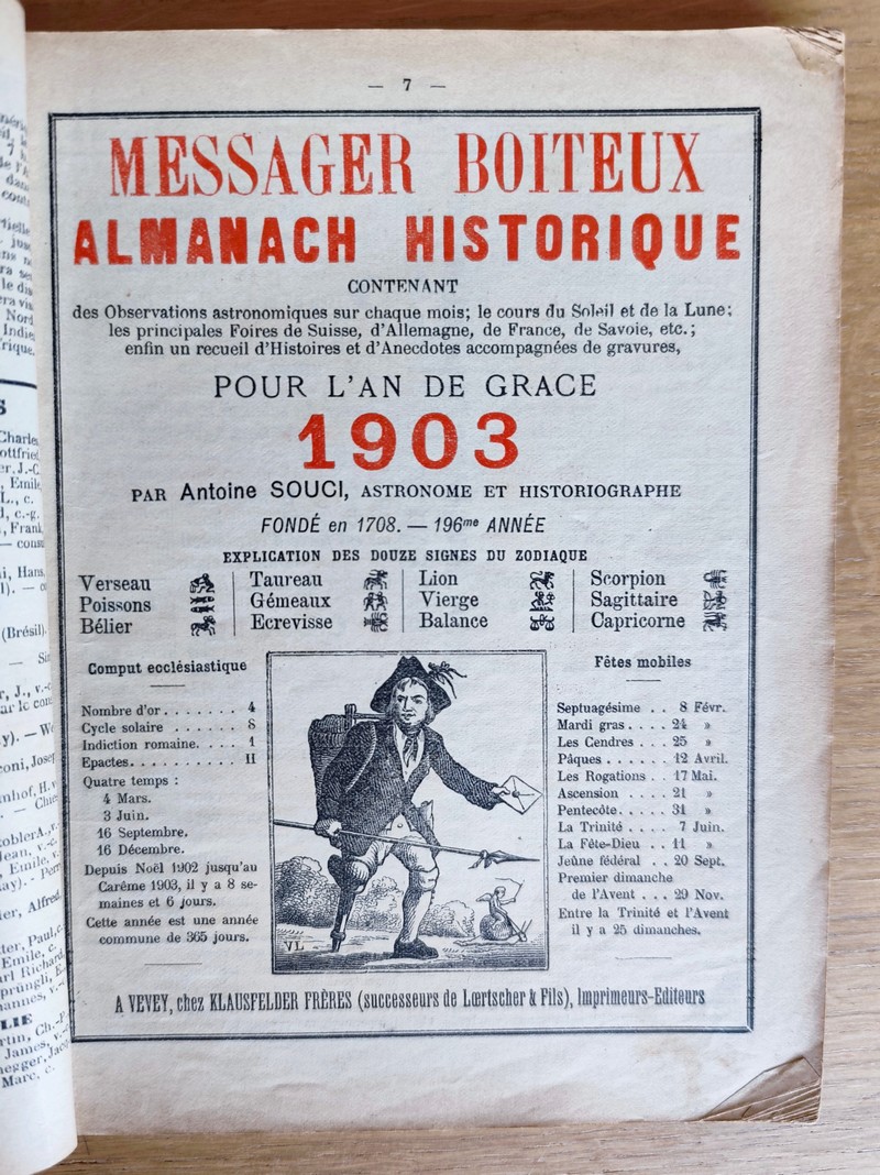 Le Véritable Messager Boiteux de Berne et Vevey, pour l'An de grâce 1903. Almanach historique....