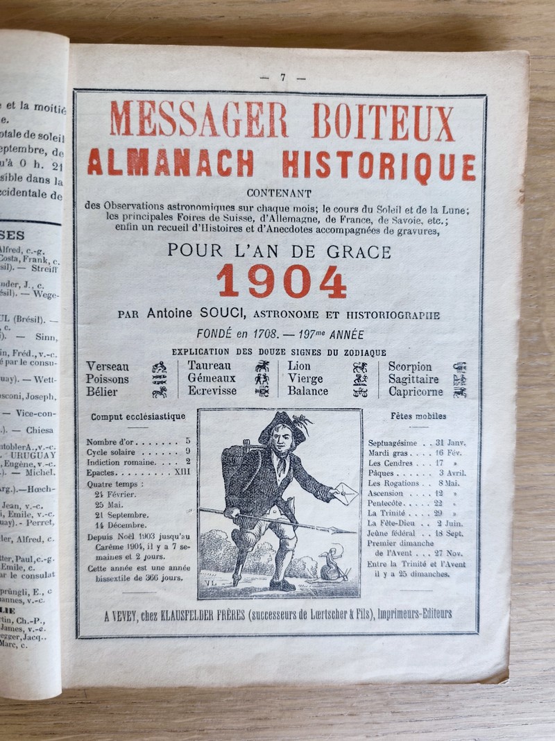Le Véritable Messager Boiteux de Berne et Vevey, pour l'An de grâce 1904. Almanach historique. 197e année