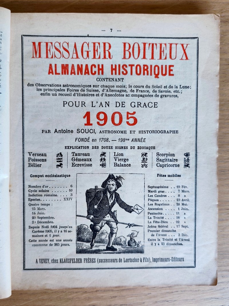 Le Véritable Messager Boiteux de Berne et Vevey, pour l'An de grâce 1905. Almanach historique. 198e année