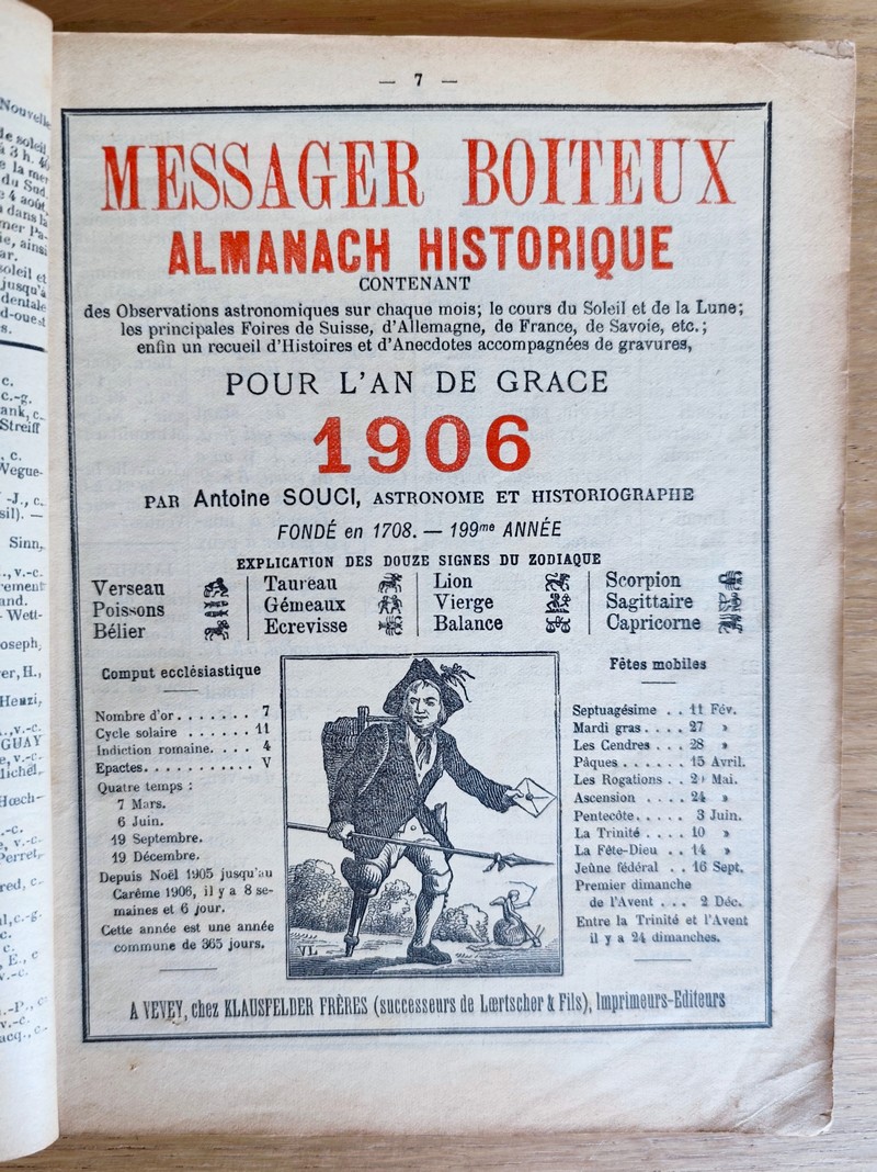Le Véritable Messager Boiteux de Berne et Vevey, pour l'An de grâce 1906. Almanach historique....