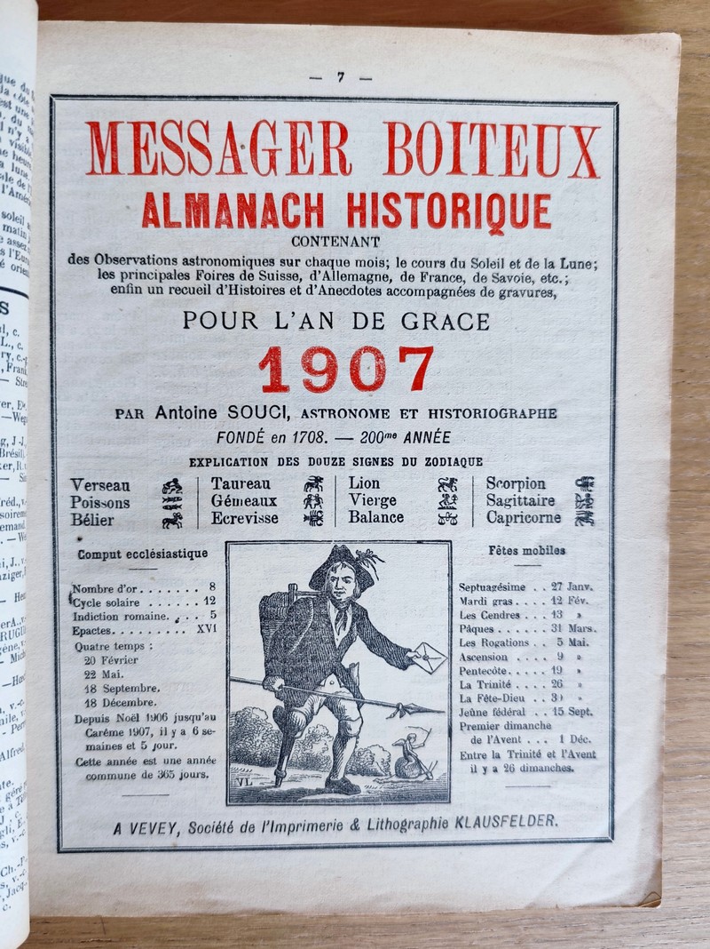 Le Véritable Messager Boiteux de Berne et Vevey, pour l'An de grâce 1907. Almanach historique. 200e année
