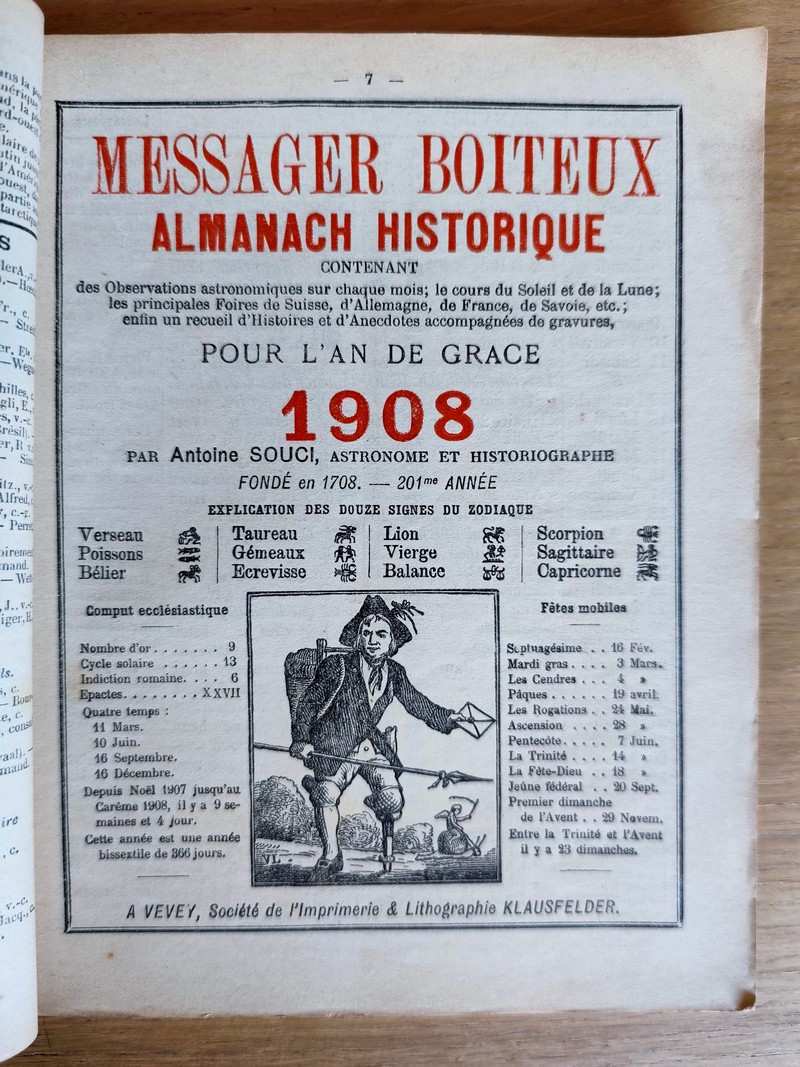 Le Véritable Messager Boiteux de Berne et Vevey, pour l'An de grâce 1908. Almanach historique. 201e année