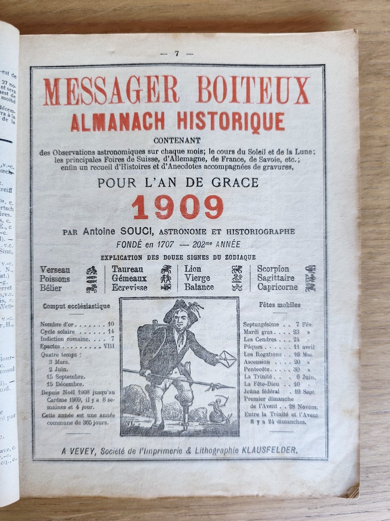 Le Véritable Messager Boiteux de Berne et Vevey, pour l'An de grâce 1909. Almanach historique. 202e année