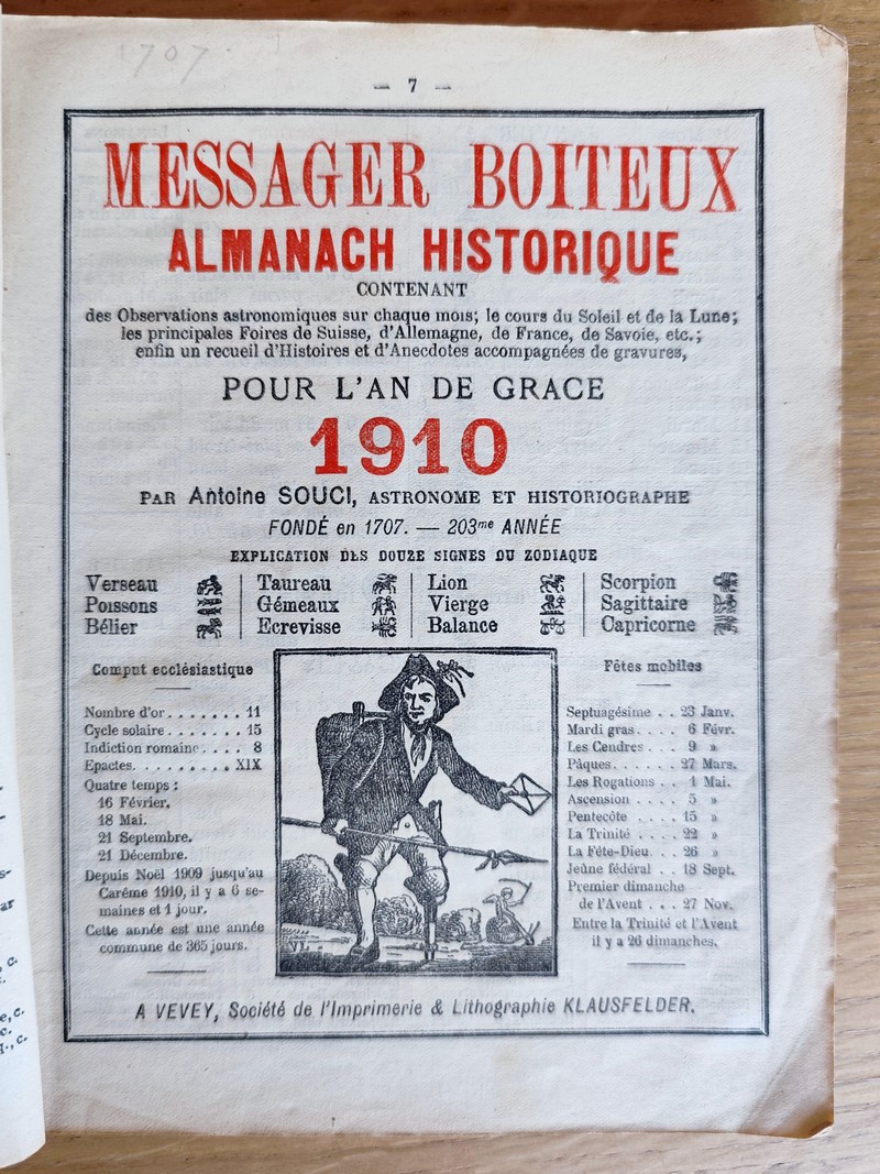 Le Véritable Messager Boiteux de Berne et Vevey, pour l'An de grâce 1910. Almanach historique. 203e année