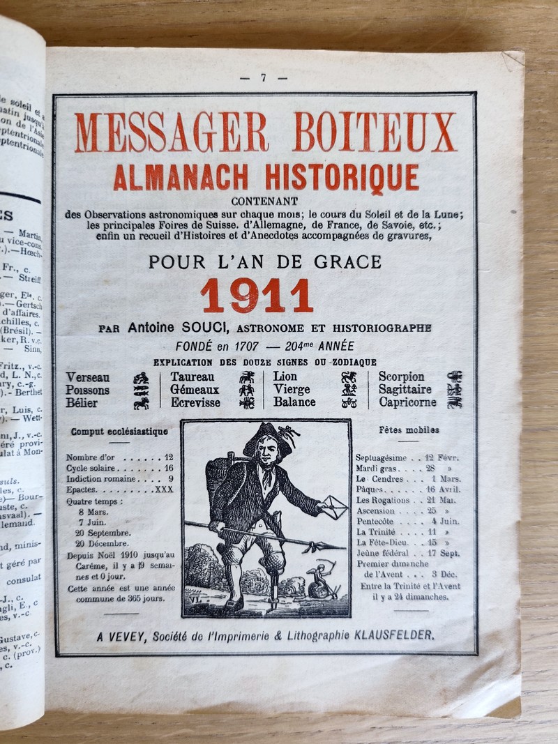 Le Véritable Messager Boiteux de Berne et Vevey, pour l'An de grâce 1911. Almanach historique. 204e année